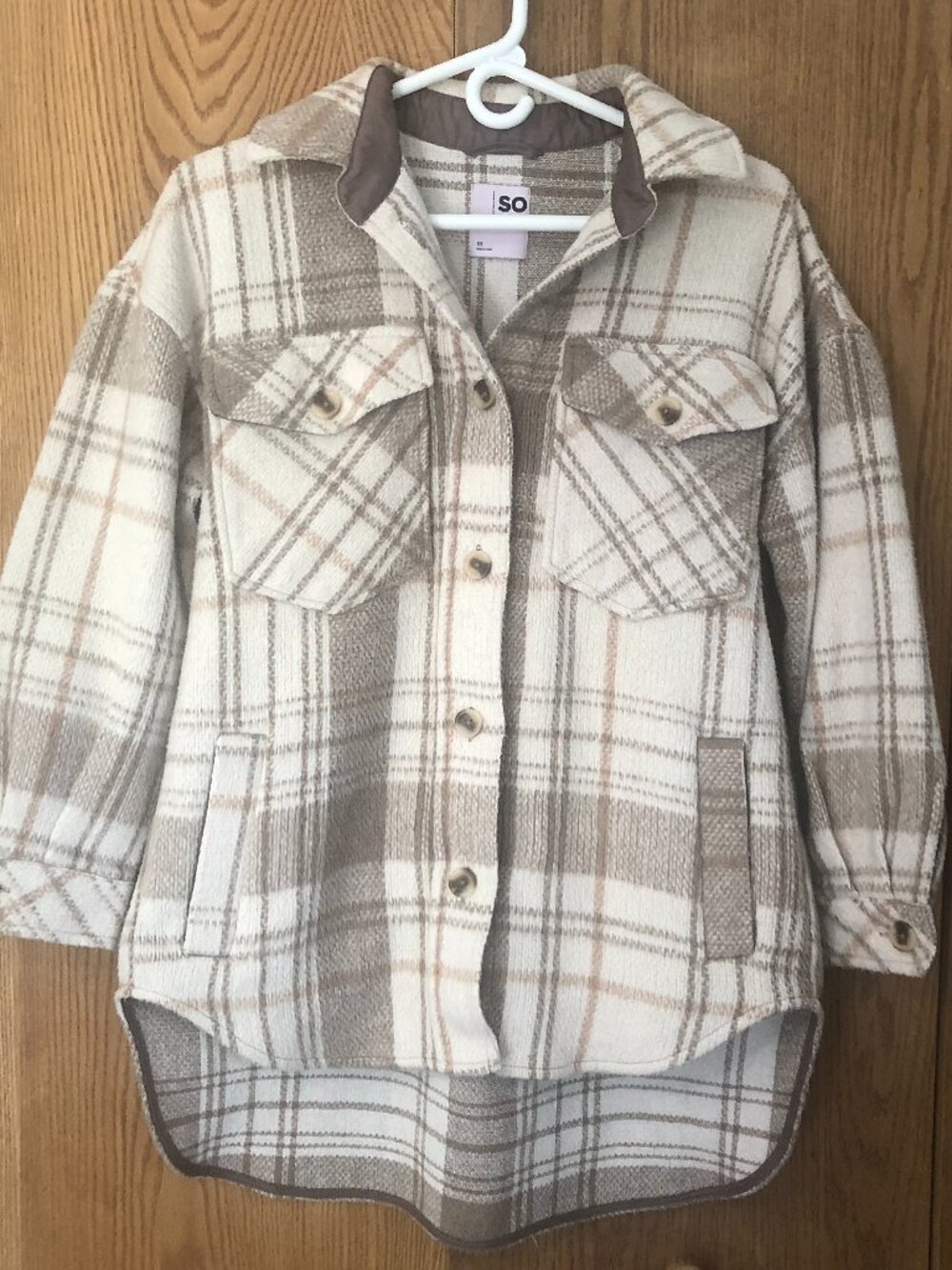 Women's Plaid Fall Flannel Sweater Shacket XS Beige Cream Taupe Oversized